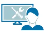 Icon blau und weiß mit einer Person vor einem PC-Bildschirm Dokumentation