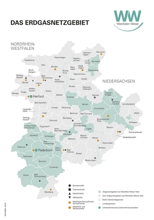 Landkarte Erdgas Westfalen Weser Eine Landkarte mit dem Erdgasnetzgebiet Westfalen Weser
