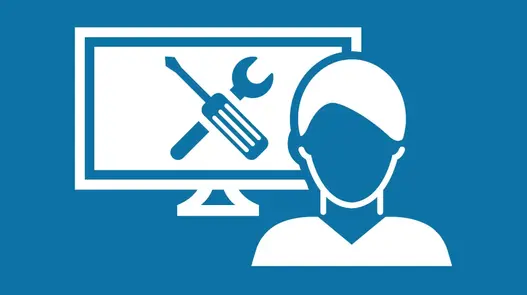 Ein Piktogramm mit einem Monitor auf dem ein Schraubenschlüssel und ein Schraubendreher zu sehen sind. Im Vordergrund eine Silhouette eines Menschen