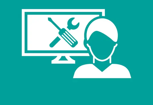 Ein Piktogramm mit einem Monitor auf dem ein Schraubenschlüssel und ein Schraubendreher zu sehen sind. Im Vordergrund eine Silhouette eines Menschen