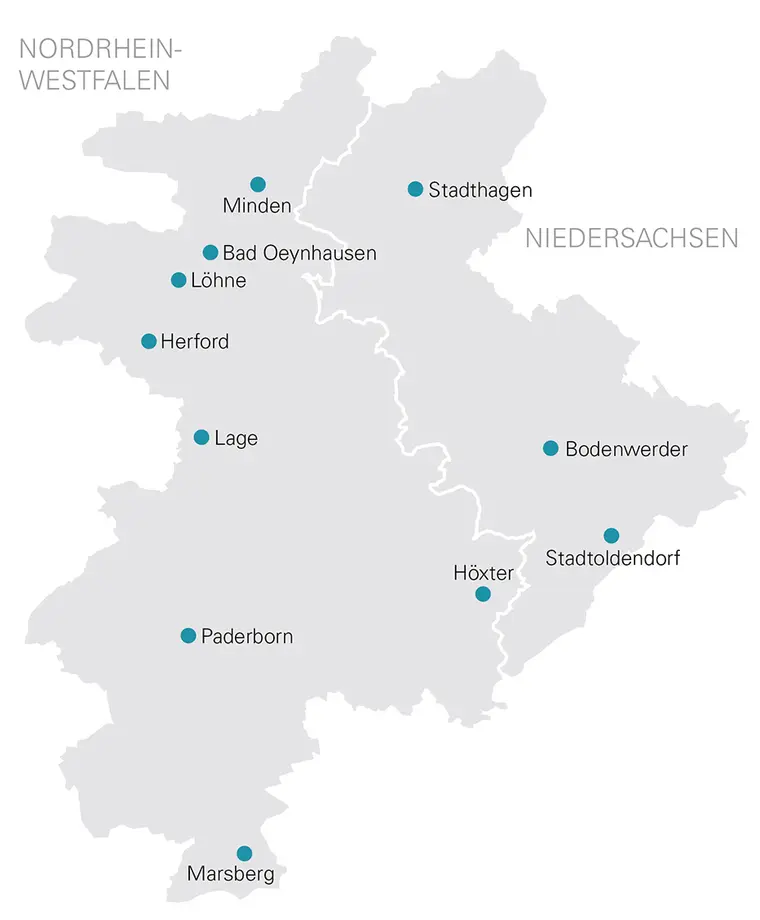 Netzgebietskarte mit den Standorten der Westfalen Weser