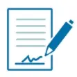 Icon in blau und weiß mit einem Zettel und einem Stift Auswertung