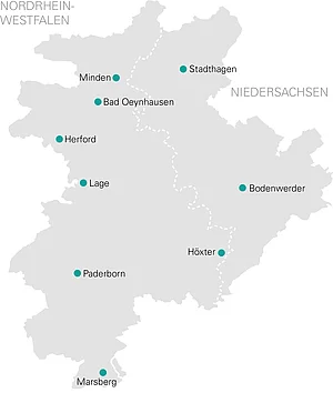 WWN Netzgebiet Karte Netzgebietskarte mit den Standorten der Westfalen Weser