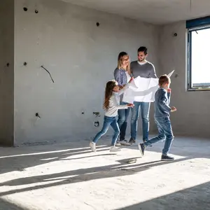Eigenheim Neubau Eine vierköpfige Familie im Rohbau ihres Eigenheims. Die Kinder laufen und die Eltern schauen sich einen Plan an.