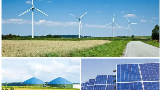 Foto-Collage aus Windkrafträdern, Bio-Gasanlagen und Photovoltaik-Anlage