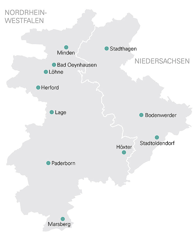 Netzgebietskarte mit den Standorten der Westfalen Weser
