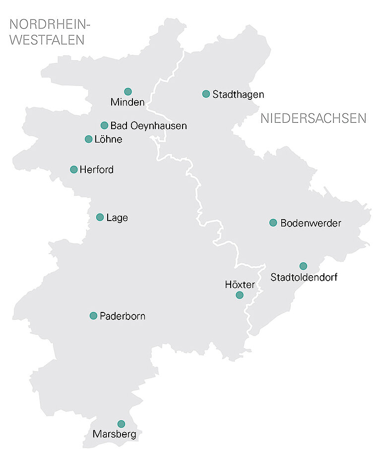 WWN Netzgebiet Karte Netzgebietskarte mit den Standorten der Westfalen Weser