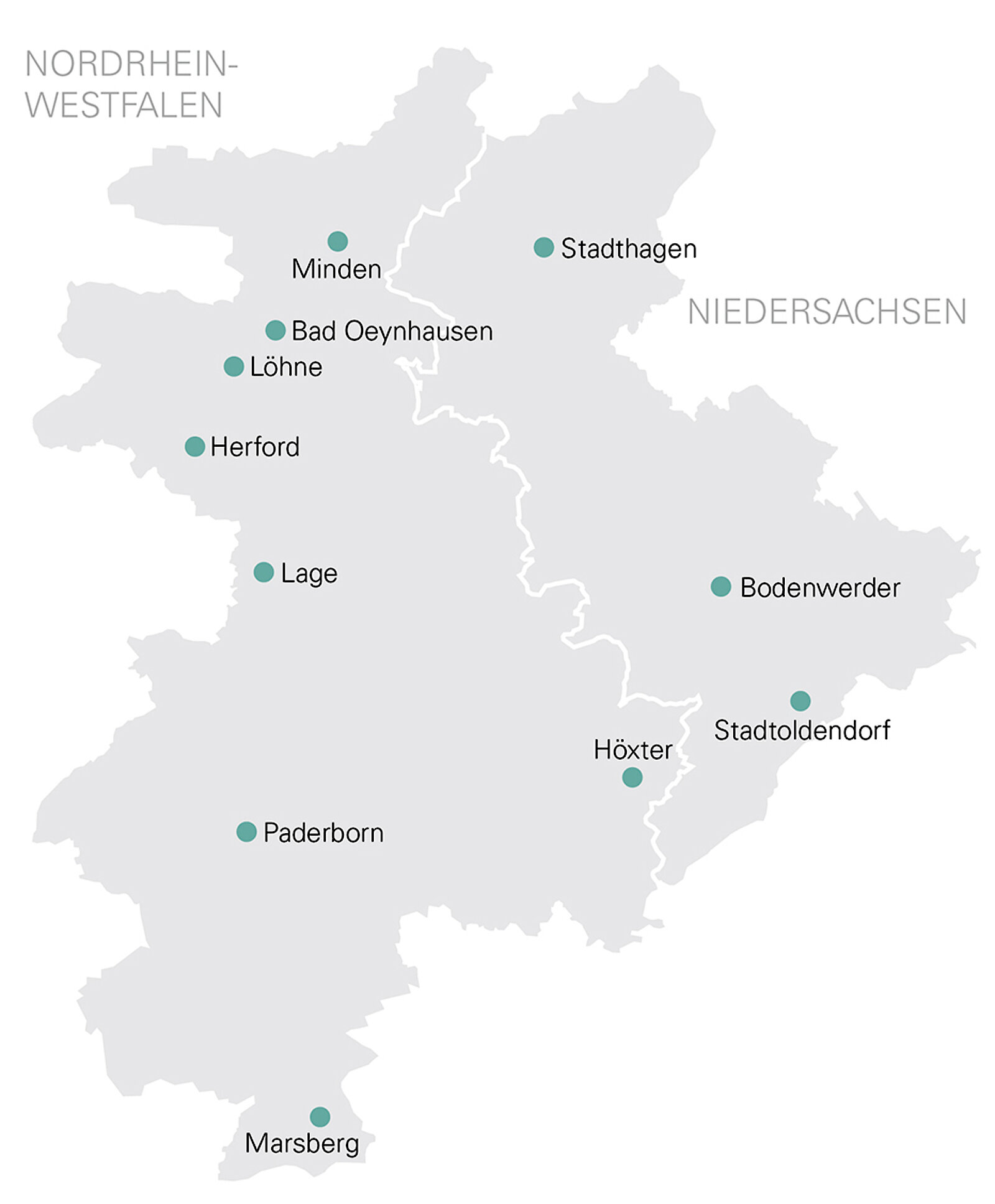 Netzgebietskarte mit den Standorten der Westfalen Weser