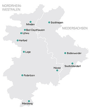 Netzgebietskarte mit den Standorten der Westfalen Weser