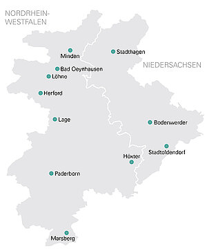 WWN Netzgebiet Karte Netzgebietskarte mit den Standorten der Westfalen Weser