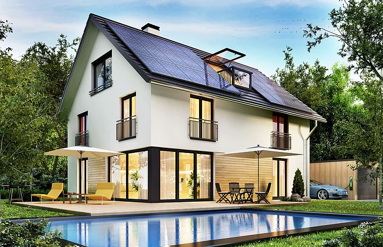 Regelung §14a EnWG steuerbare Verbrauchseinrichtungen Das Bild zeigt ein Wohnhaus mit Photovoltaikanlage und einem Elektrofahrzeug auf dem Grundstück.