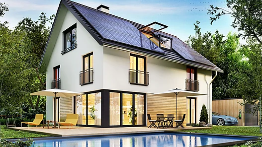 Regelung §14a EnWG steuerbare Verbrauchseinrichtungen Das Bild zeigt ein Wohnhaus mit Photovoltaikanlage und einem Elektrofahrzeug auf dem Grundstück.