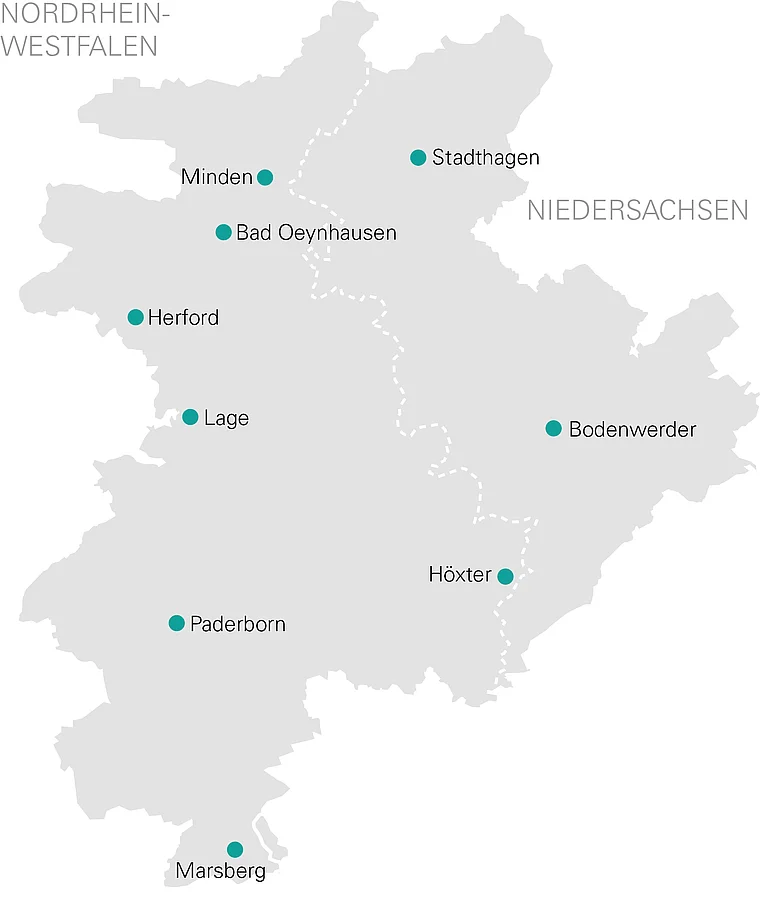 Netzgebietskarte mit den Standorten der Westfalen Weser
